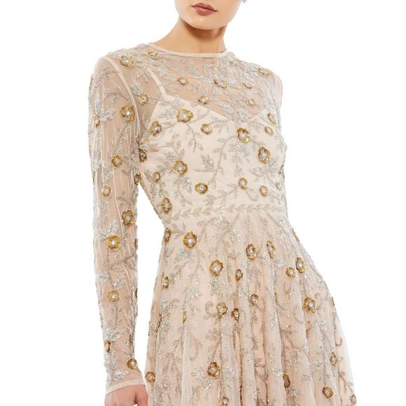 NWT Mac Duggal Floral Beadwork Long Sleeve Midi Dress Nude Women's Size 10 10799 - Picture 2 of 9